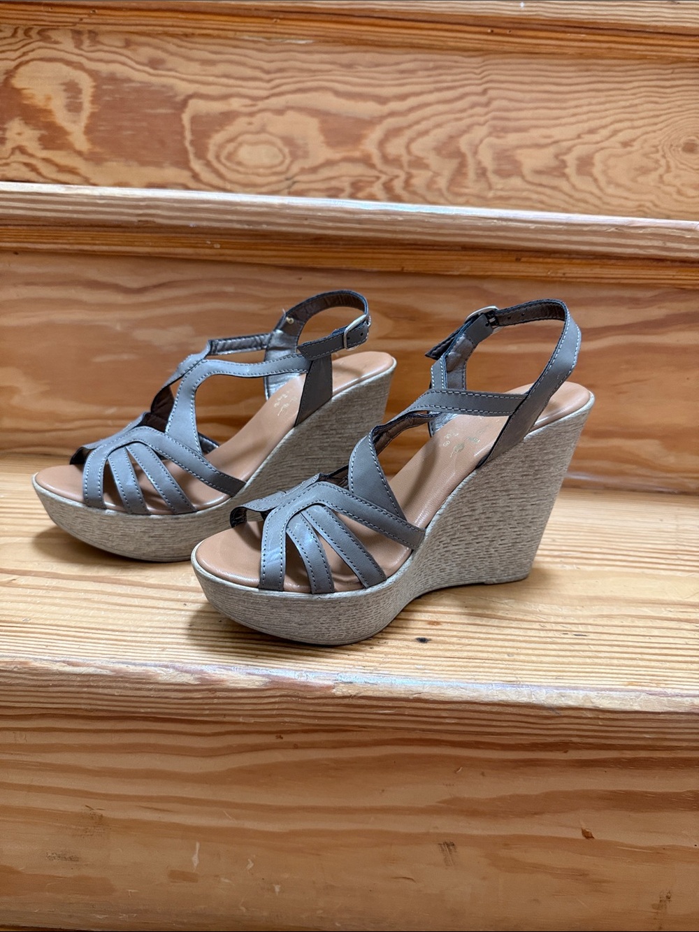 Callisto Gray Strappy Wedge Sandals